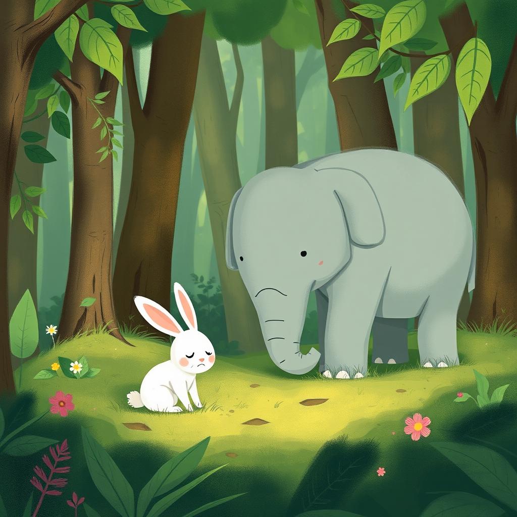 In a lush forest setting, a small white rabbit is looking down sadly, with its ears drooping, conveying a sense of unhappiness