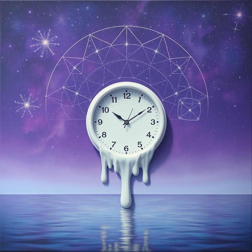 A surrealistic painting featuring a melting white clock at the center, set against a vibrant violet starry cosmos background
