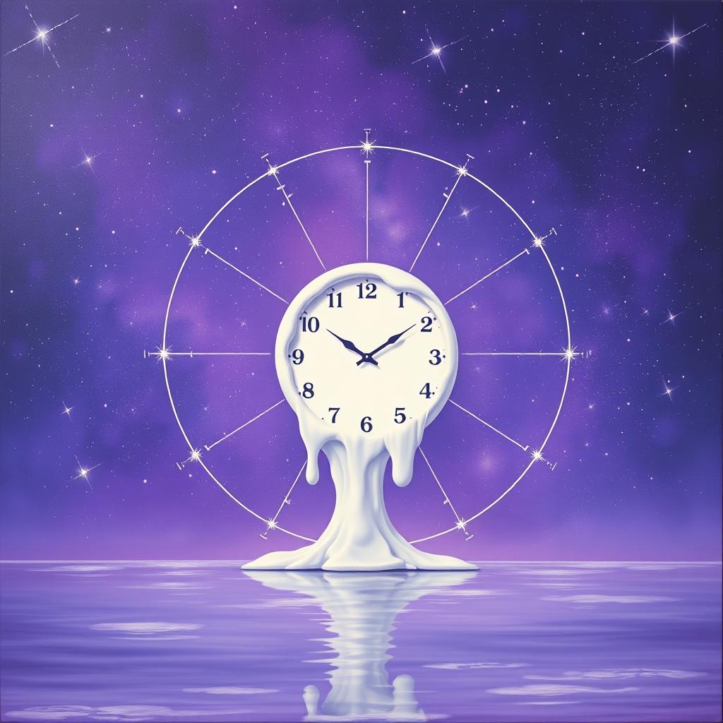 A surrealistic painting showcasing a central melting white clock, set against a violet starry cosmic background