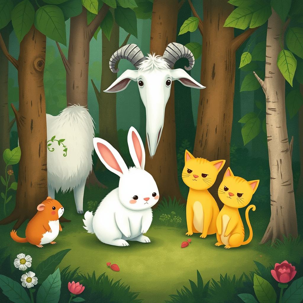 In a vibrant forest, a small white rabbit looks down sadly, its ears drooping