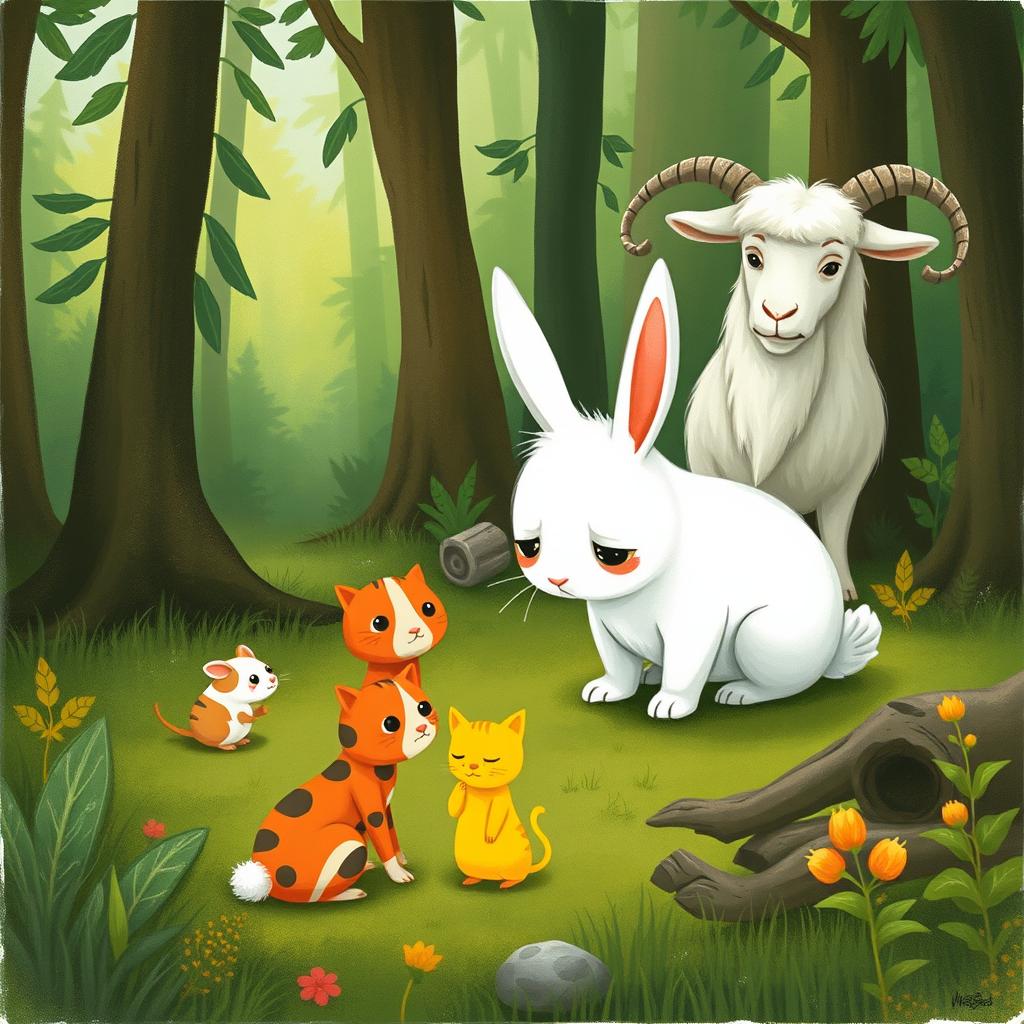 In a vibrant forest scene, a small white rabbit is looking down sadly with its ears drooping, conveying a sense of gloom