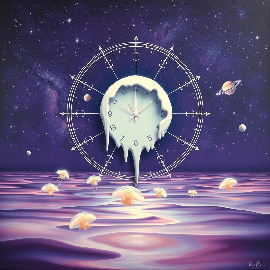 A surrealistic painting featuring a melting white clock at the center, set against a deep violet starry cosmos background