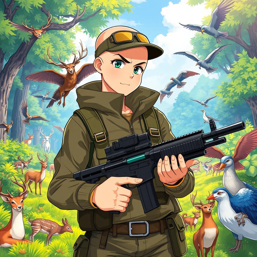 An adult bald animal hunter in anime style, wearing tactical hunting gear with a confident expression