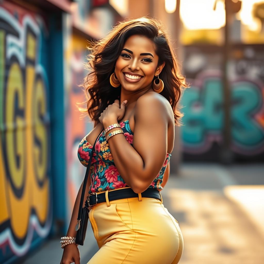 A beautifully styled Latina woman with a petite frame and a prominent, curvy figure, showcasing her confident stance
