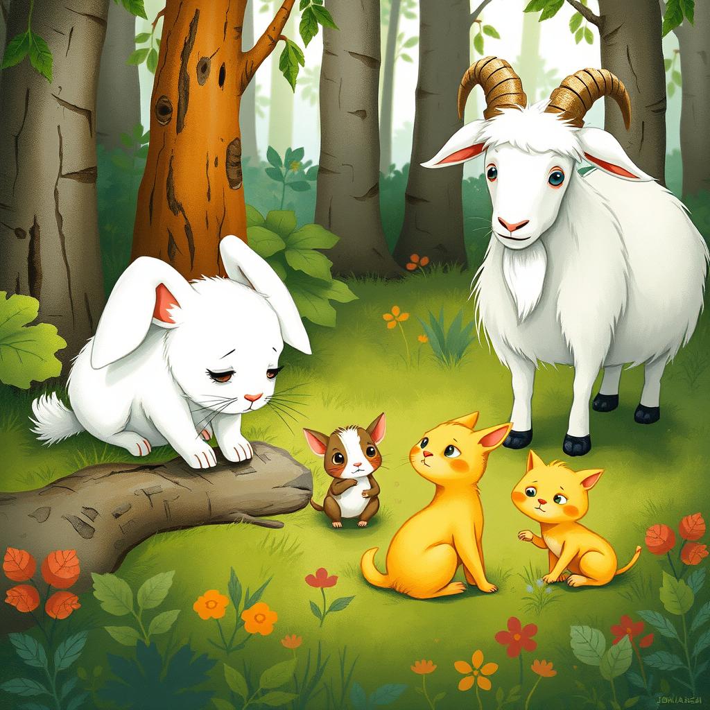 In a vibrant forest scene, a small white rabbit is looking down sadly, its ears drooping in distress