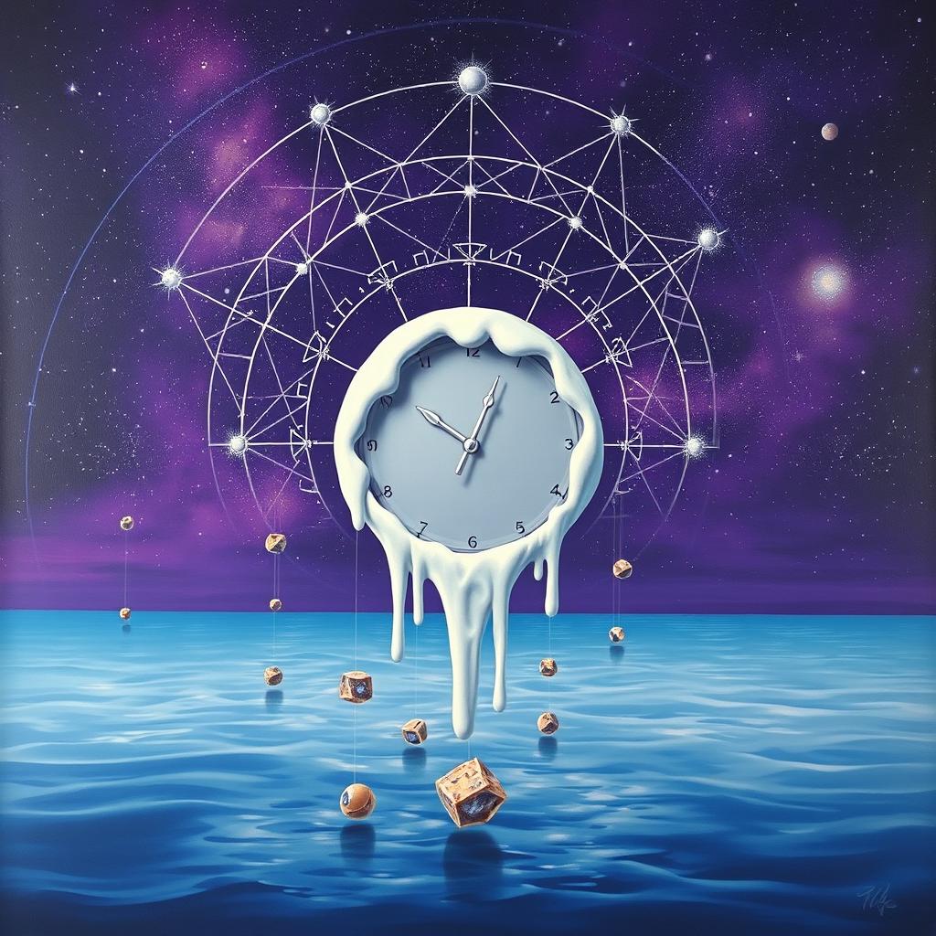 A surrealistic painting featuring a central melting white clock, set against a rich violet starry cosmic background