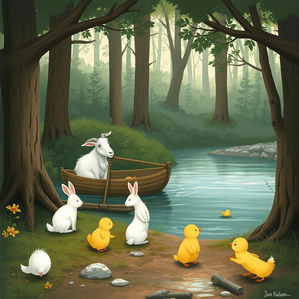 In a lush forest, an elderly white goat with a wise expression is navigating a quaint little wooden boat to the riverbank