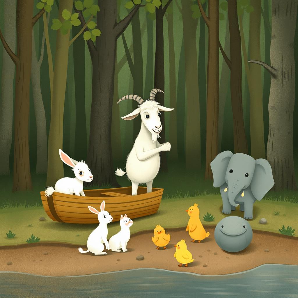 In a serene forest, an elderly white goat with a wise expression is gracefully steering a small wooden boat to the riverbank