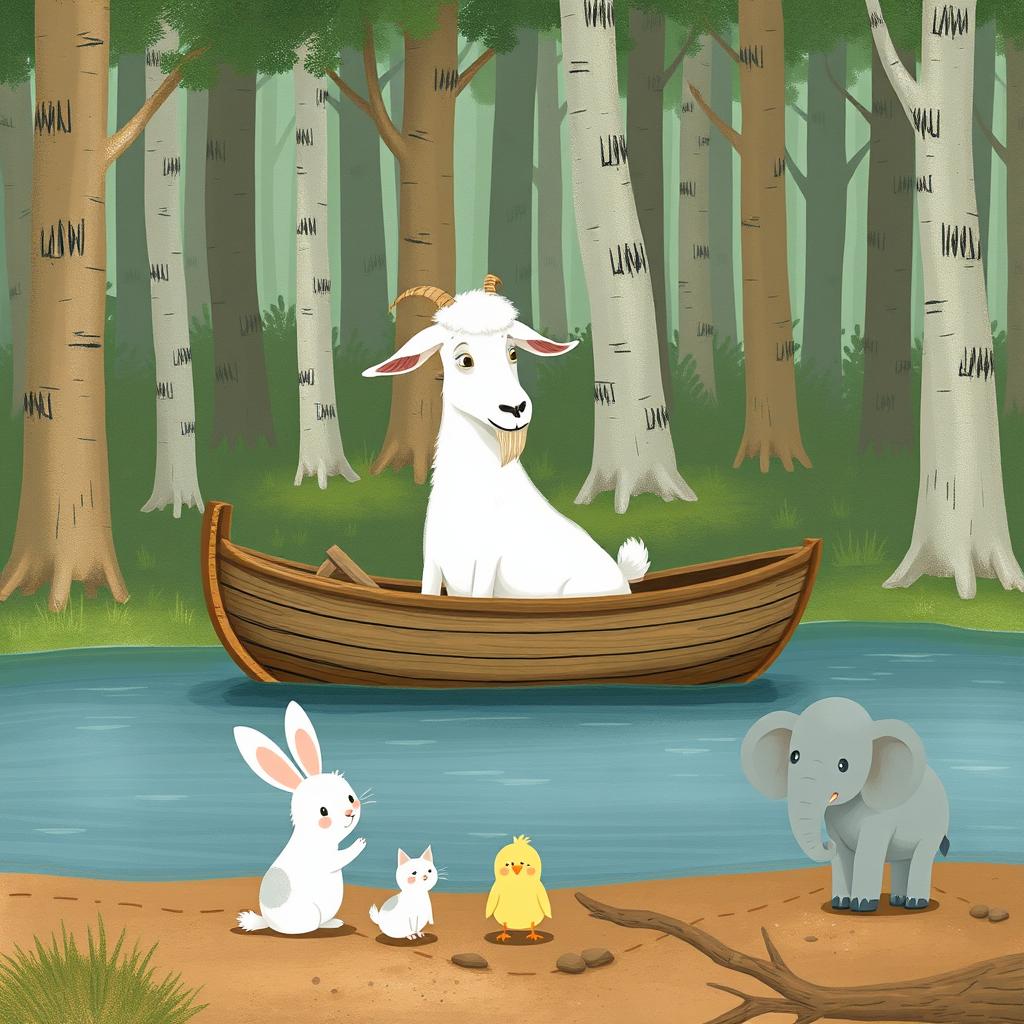 In a tranquil forest, an elderly white goat with a wise demeanor is docked in a small wooden boat along the riverbank