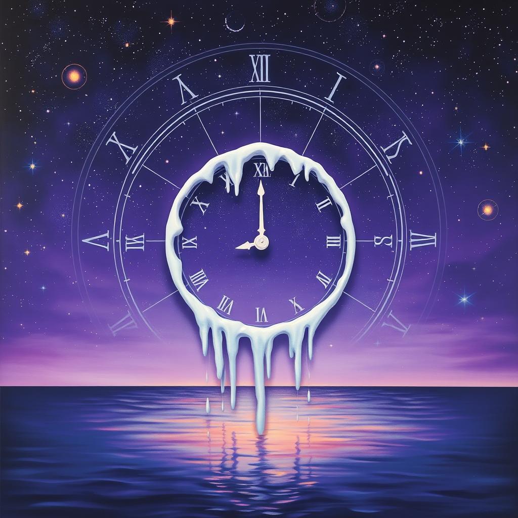 A surrealistic painting featuring a melting white clock in the center, set against a deep violet starry cosmic background