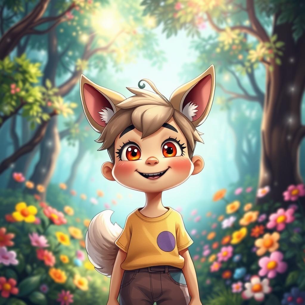 A whimsical and vibrant depiction of a cheerful human with animal features, blending elements of both species harmoniously