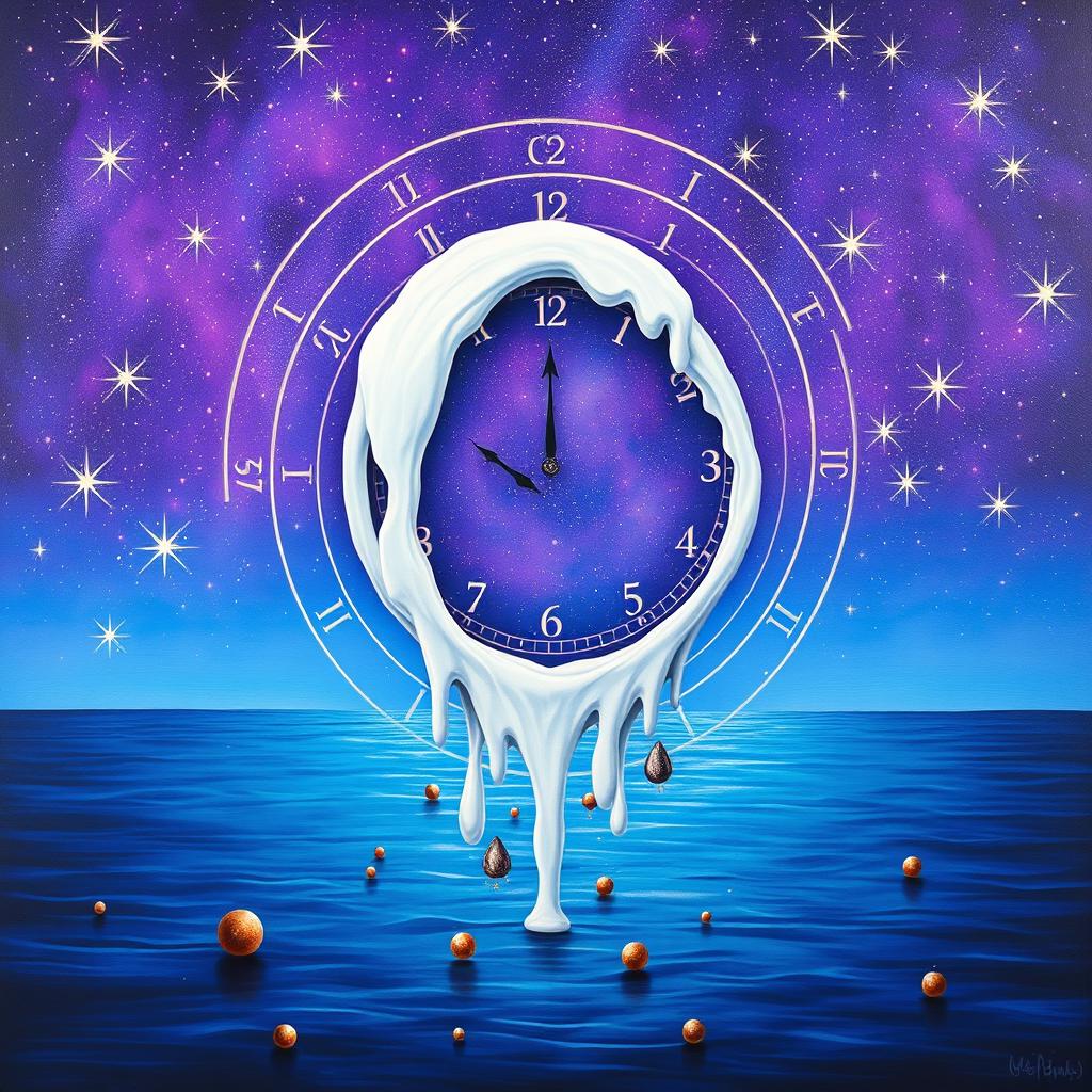 A surrealistic painting featuring a melting white clock in the center, set against a vibrant violet starry cosmic backdrop