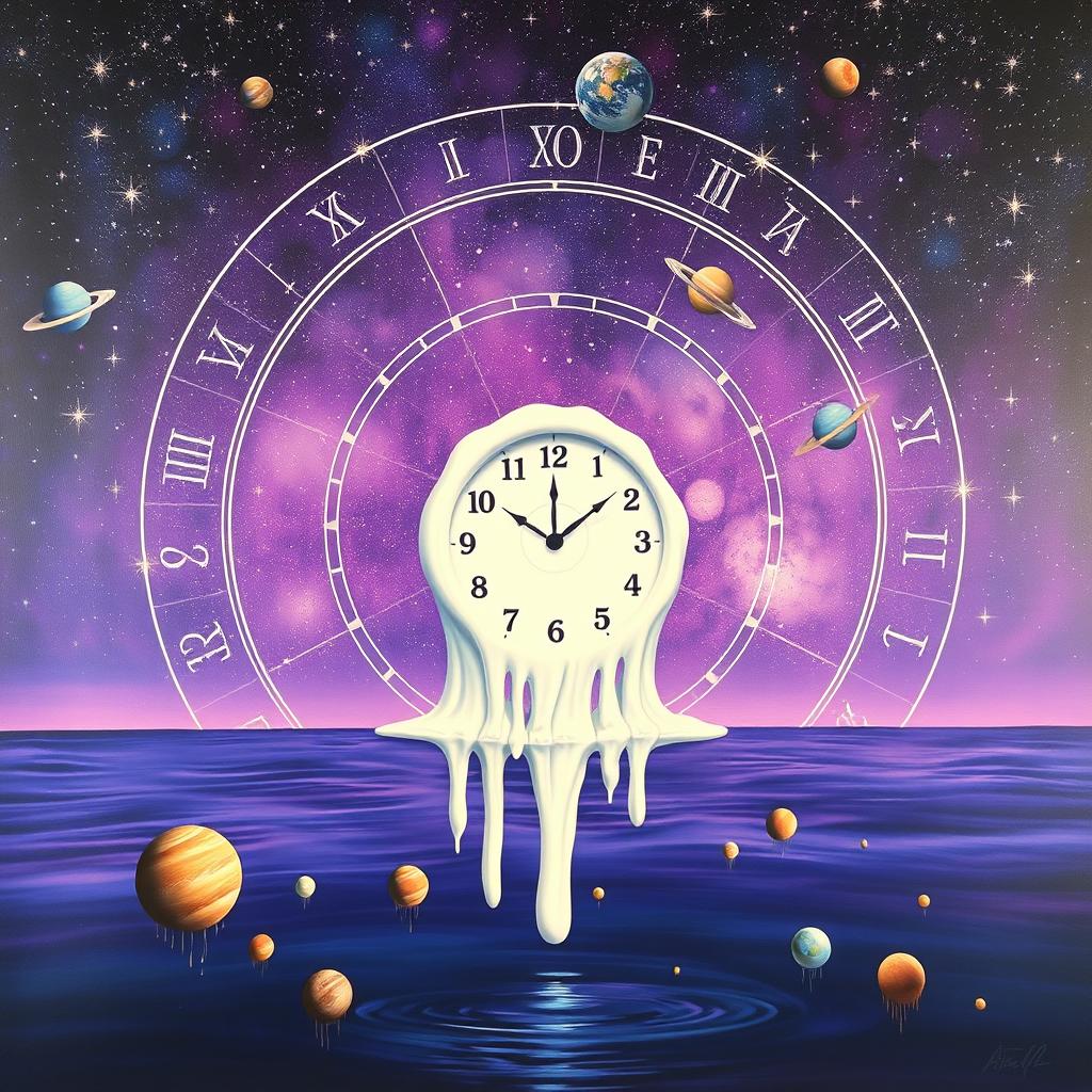 A surrealistic painting featuring a melting white clock in the center, set against a violet starry cosmic background