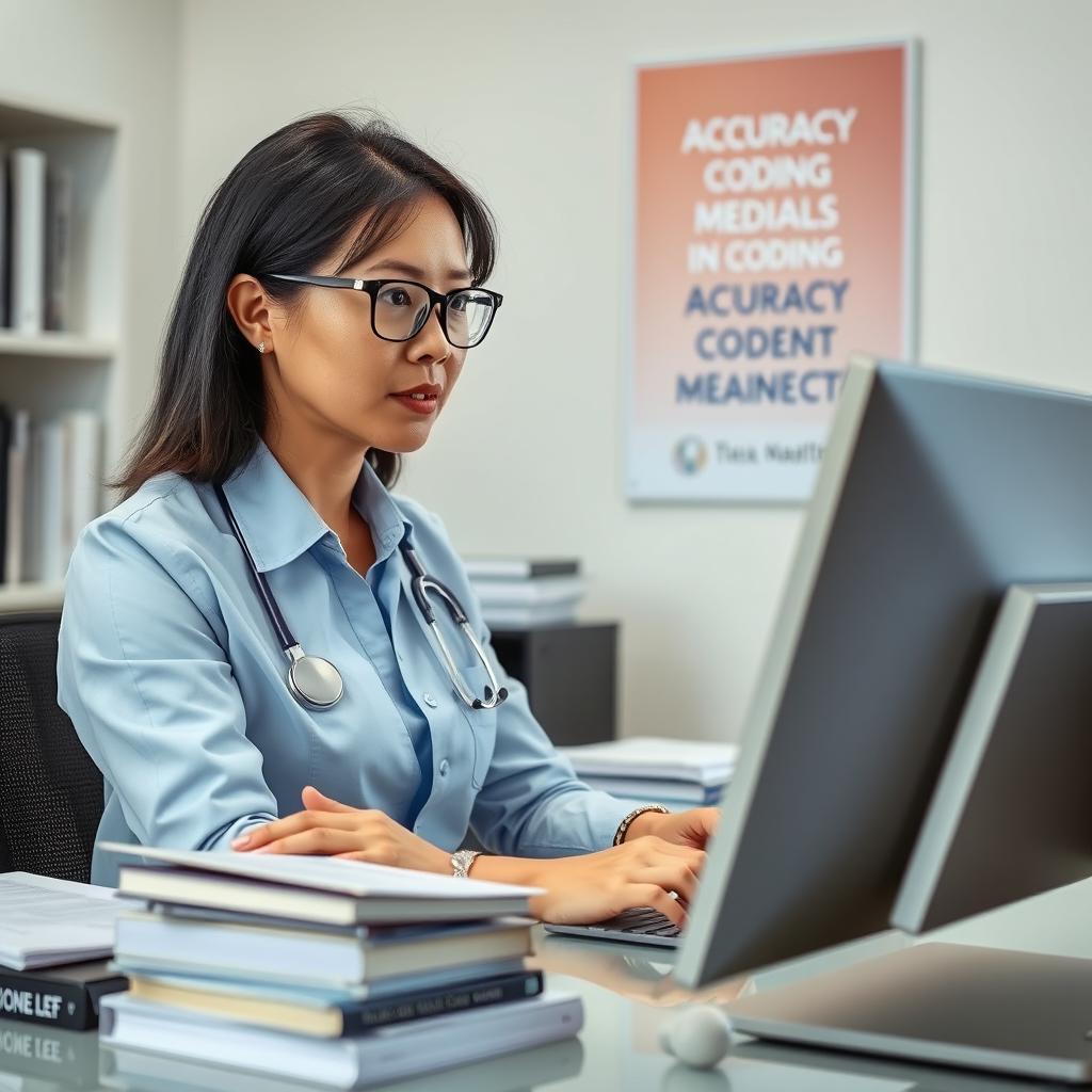 A medical coding professional at work in a modern office setting, focused on their computer screen displaying complex medical codes and patient information