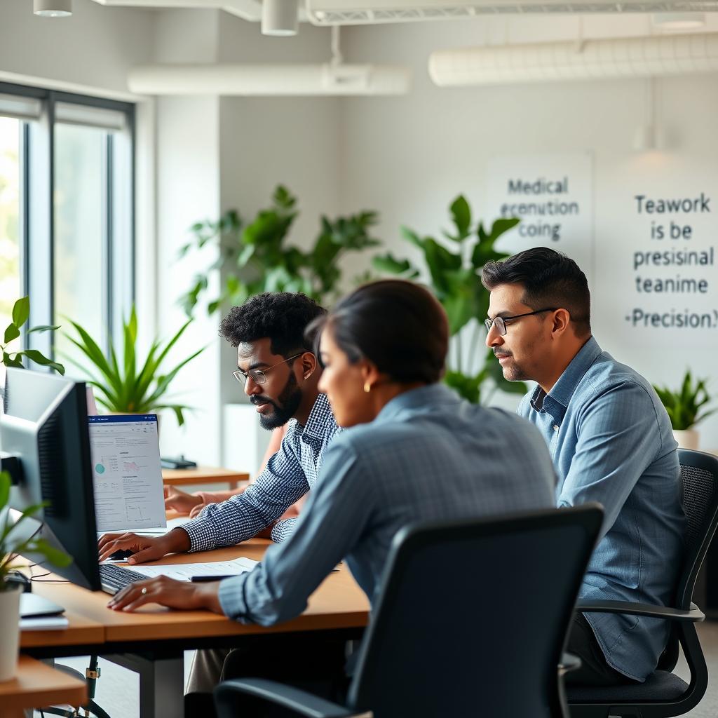 A diverse group of medical coding professionals working collaboratively in a modern office space