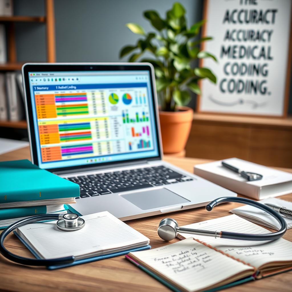 A visually engaging representation of medical coding, featuring a close-up of a laptop screen displaying medical coding software with colorful charts and coding entries