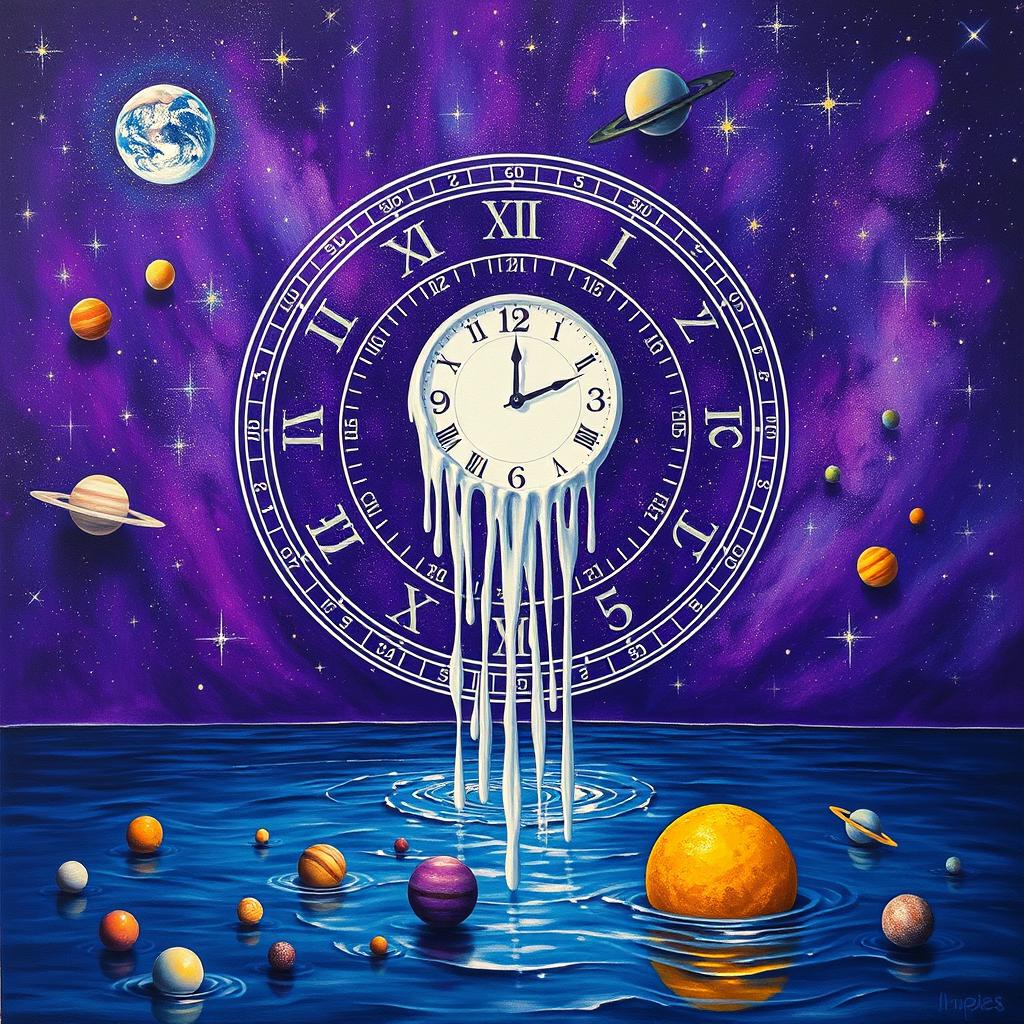 A surrealistic painting featuring a melting white clock at the center, set against a vibrant violet starry cosmic background