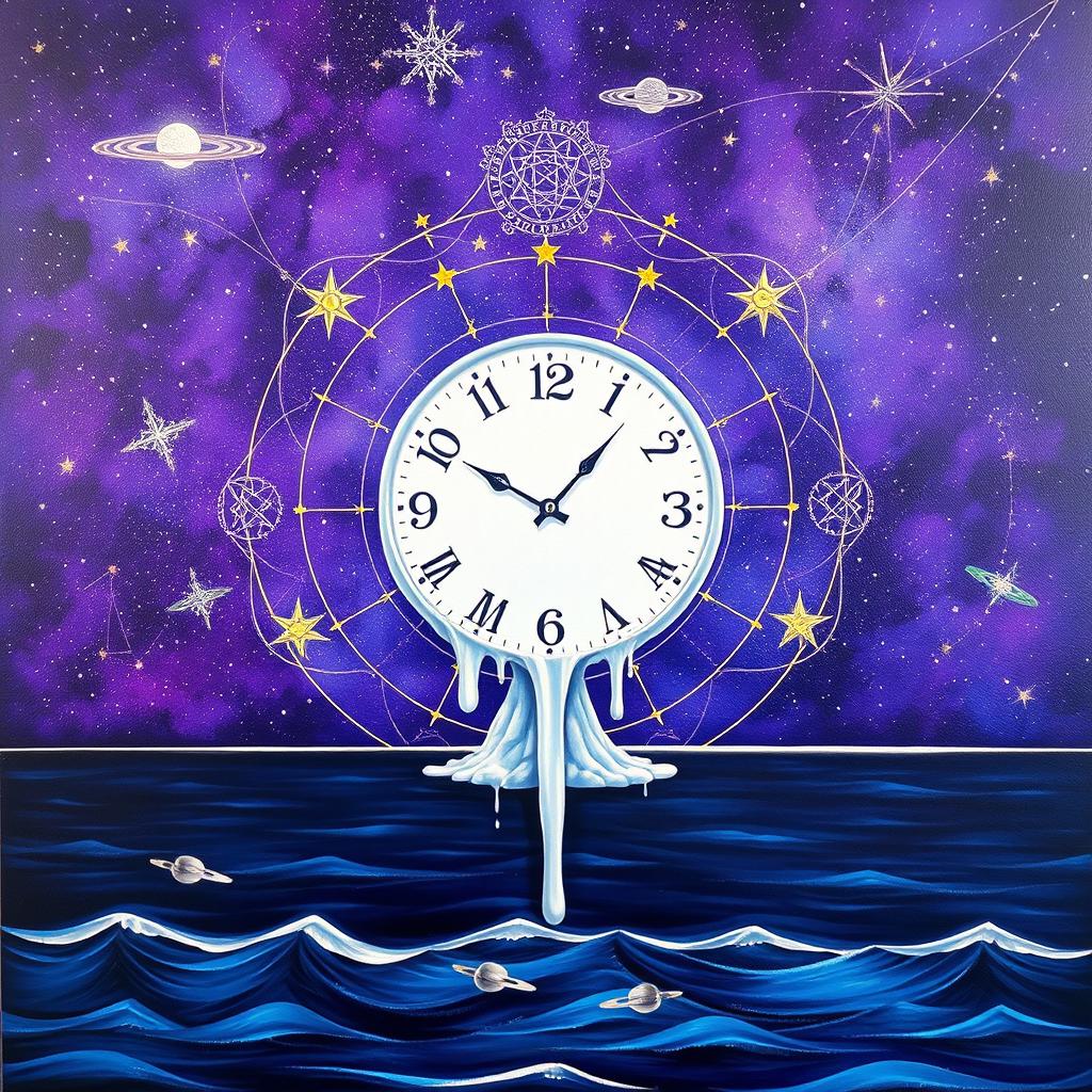 A surrealistic painting in high professional quality featuring a melting white clock at the center against a violet starry cosmos background