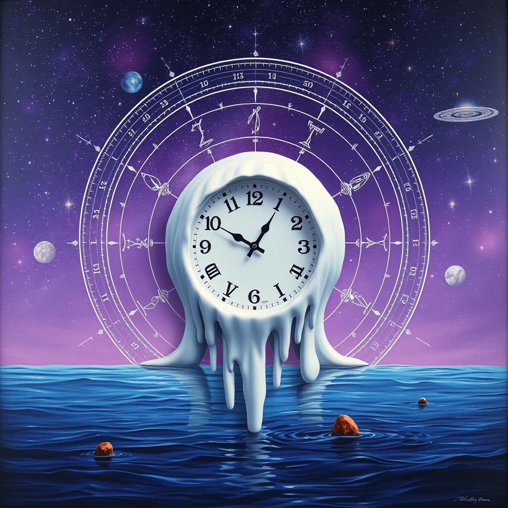 A hyper-realistic surrealistic painting in high professional quality featuring a melting white clock at the center against a violet starry cosmos background