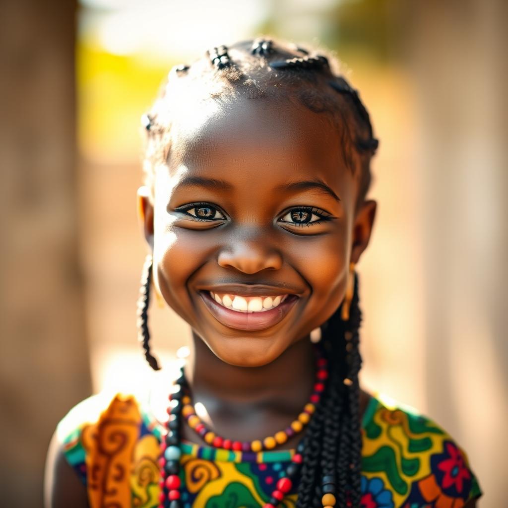 A stunning portrait of a young Black girl with beautiful, radiant skin, bright eyes full of joy, and a beaming smile