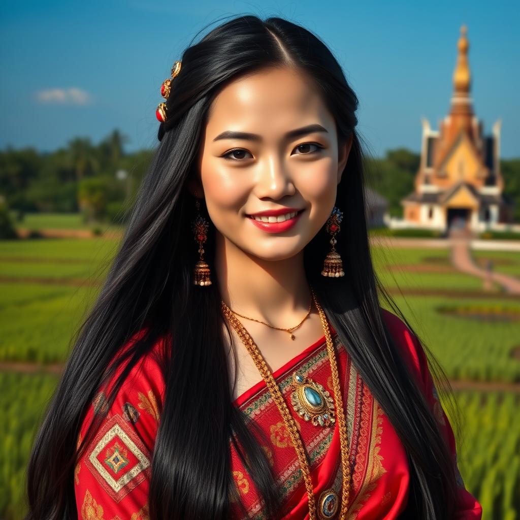 A captivating portrait of a Thai woman, showcasing her traditional attire with intricate patterns, vibrant colors, and elegant jewelry