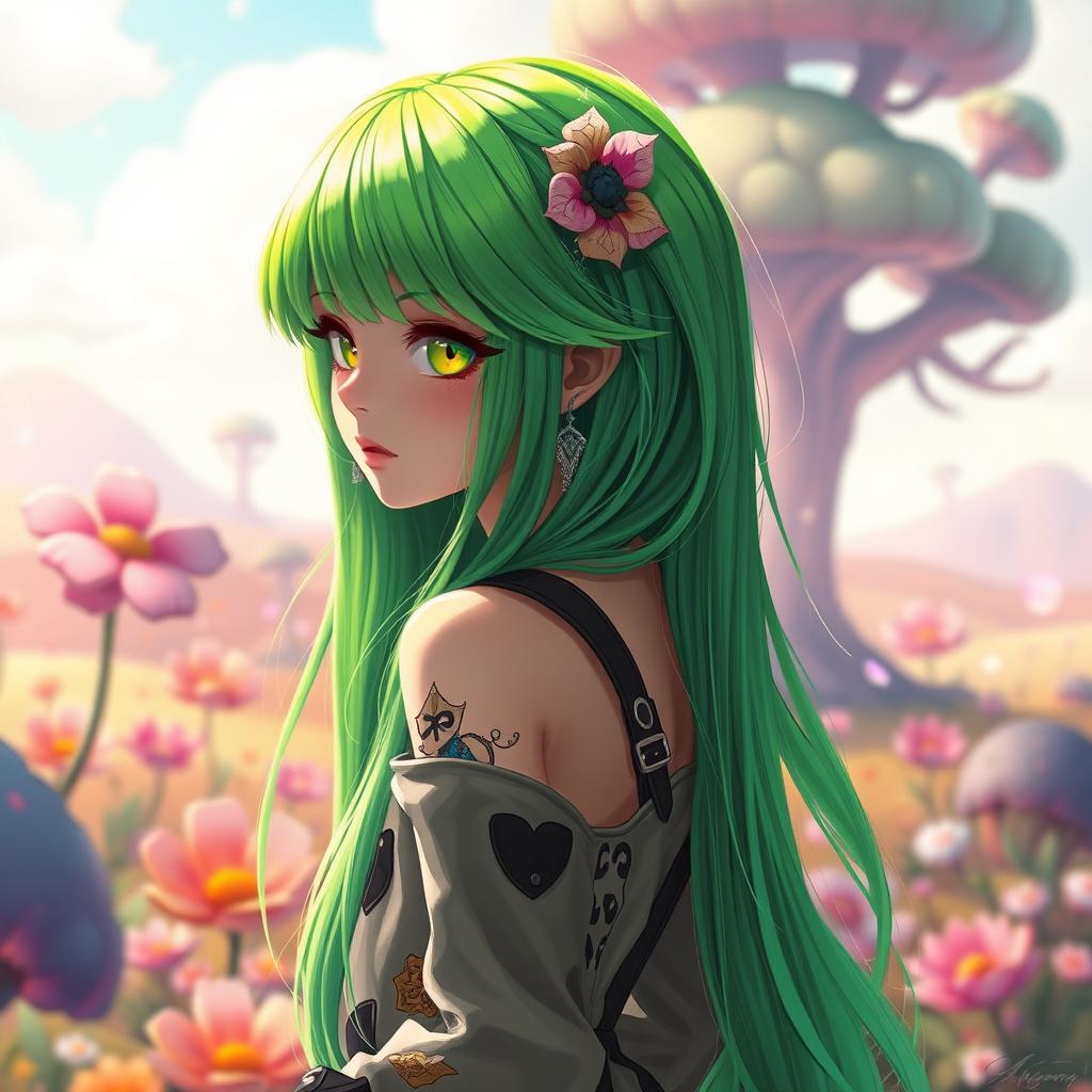 A character with vibrant, bright green hair that flows elegantly down their back