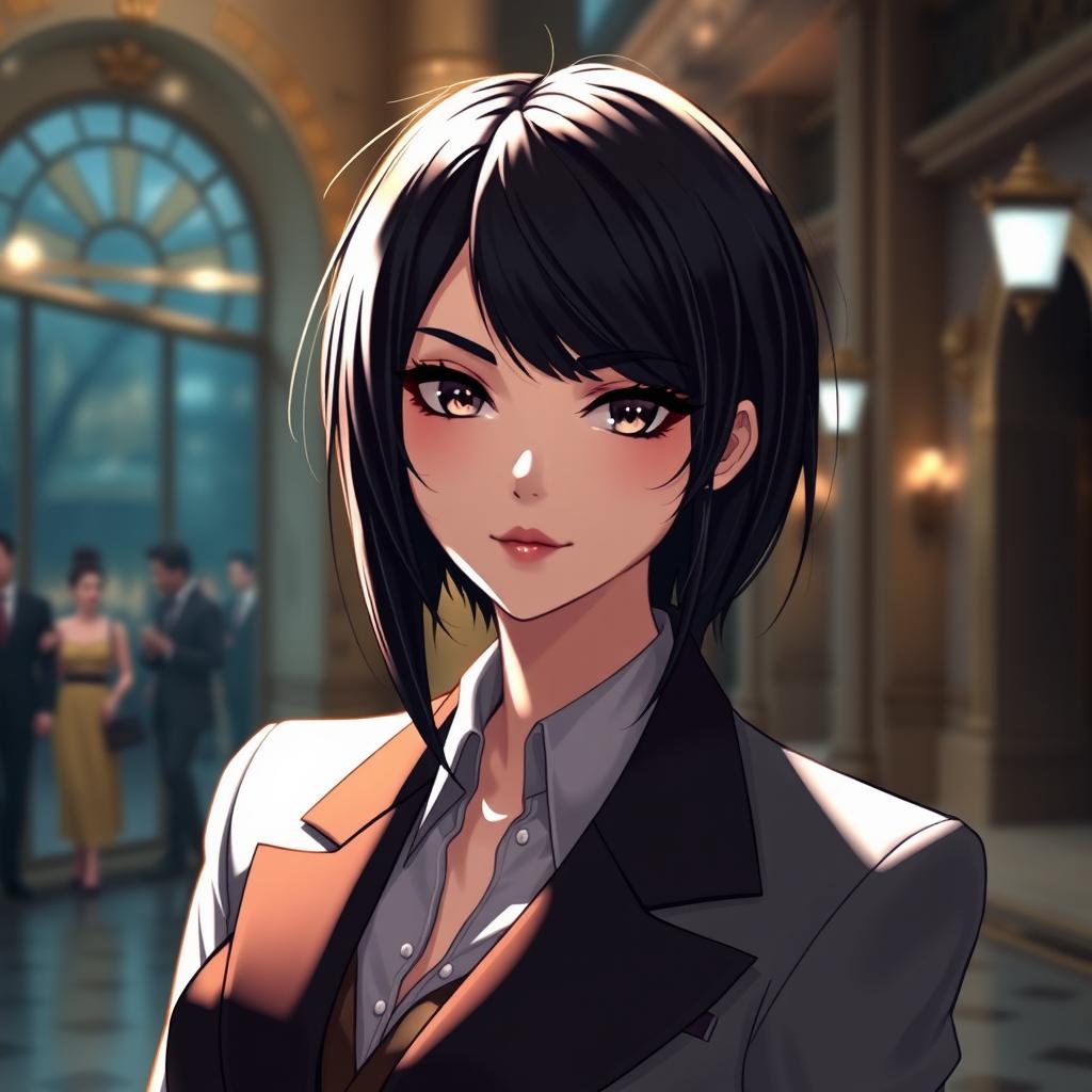 A character with sleek, jet black hair styled in an elegant manner, showcasing a combination of sophistication and allure
