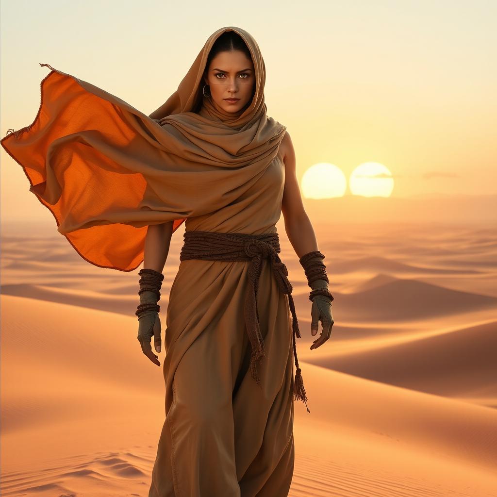 A powerful and resilient woman from the desert planet of Arrakis, wearing a flowing, sand-colored cloak that billows in the wind, her face partially covered by a traditional desert mask to shield against the harsh environment