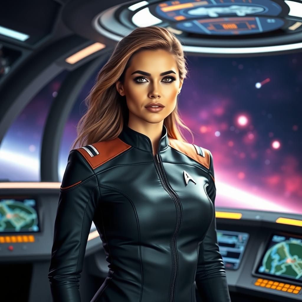 A confident and strong woman dressed in a futuristic Starfleet uniform, with a sleek, form-fitting design that features a high collar and insignia
