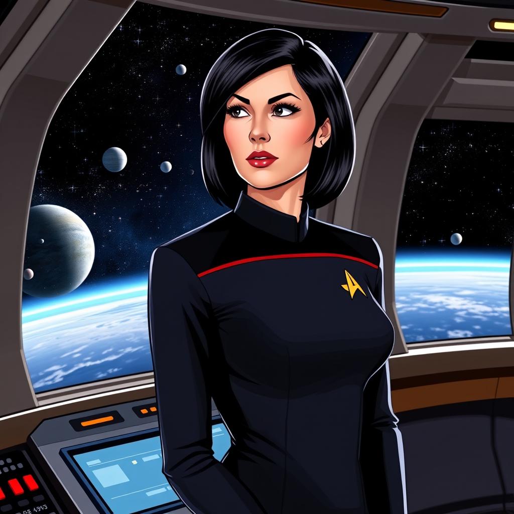 A confident Starfleet officer woman from Star Trek, wearing a sleek, form-fitting uniform typical of the series with a distinctive division color and badge