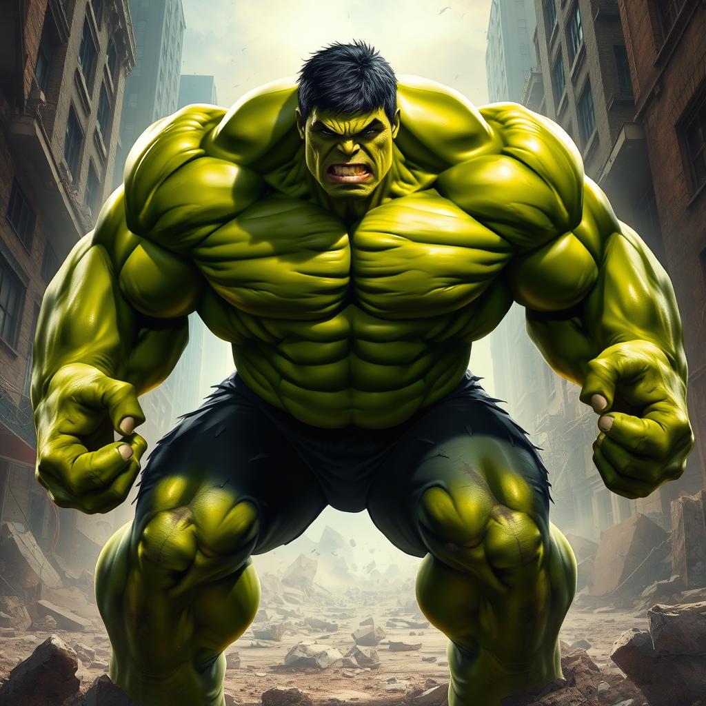 A powerful and muscular green giant in an intense pose, showcasing incredible strength