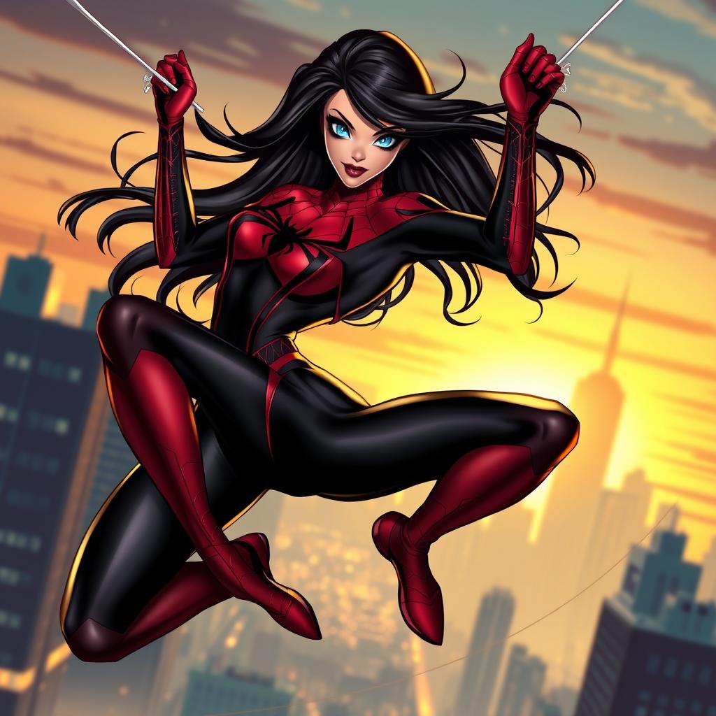 A striking superheroine with a sleek, form-fitting costume inspired by spider motifs