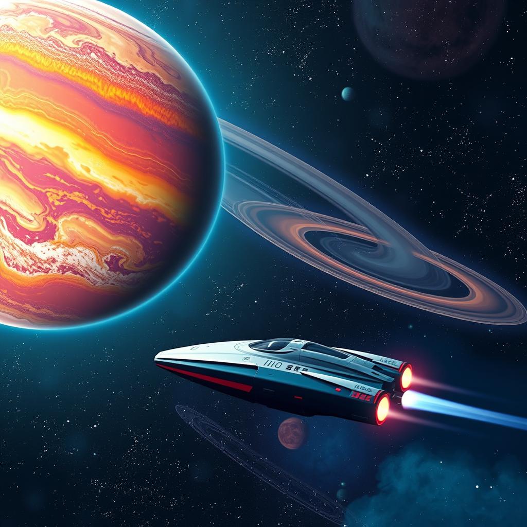 A captivating space exploration scene featuring a distant planet with vibrant colors, intricate surface details, and rings