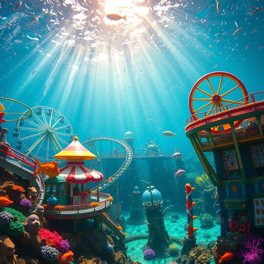 A vibrant underwater amusement park, filled with colorful attractions such as roller coasters and Ferris wheels, surrounded by shimmering schools of tropical fish and coral reefs