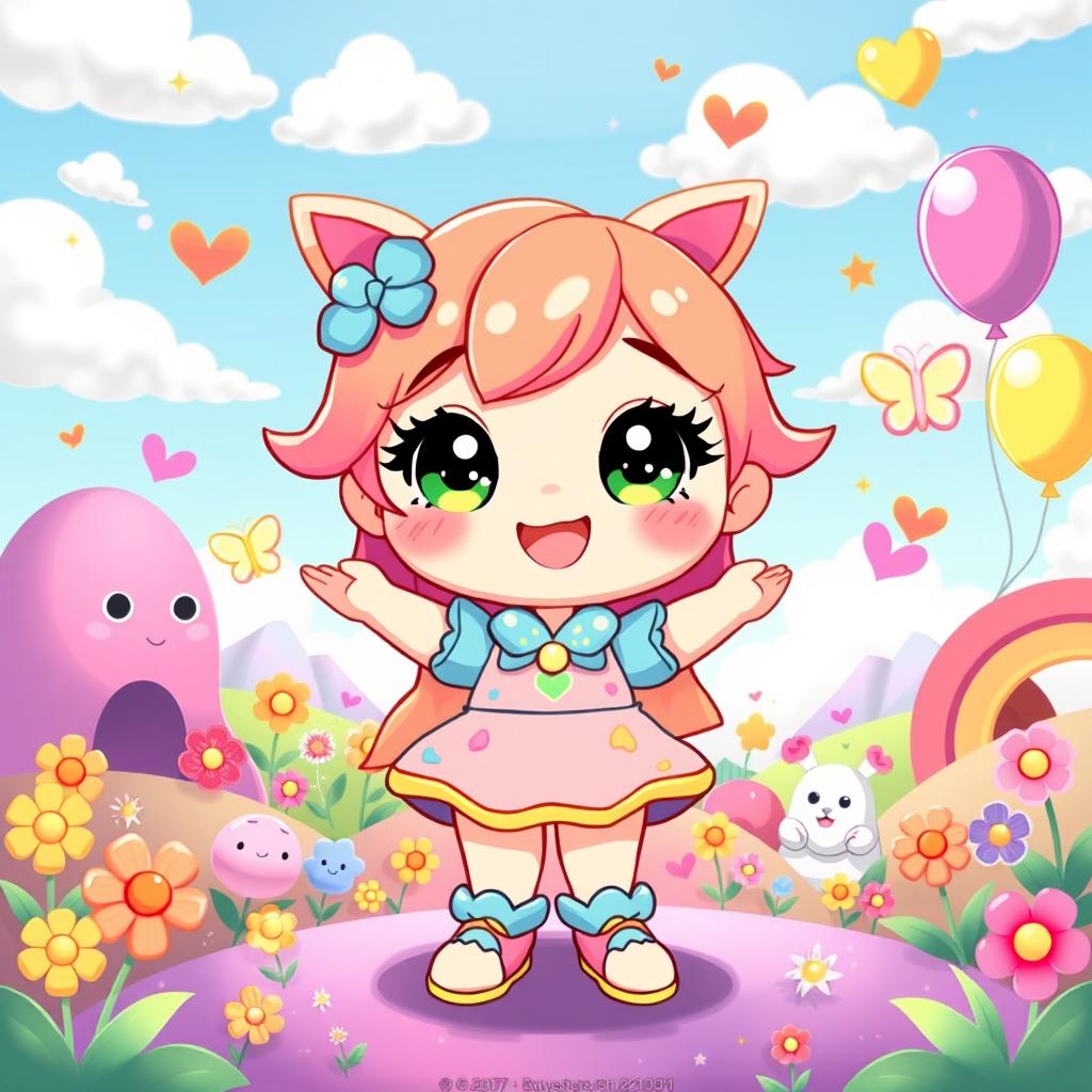 A colorful and whimsical illustration of a cute, stylized character named Joy from the MECCY franchise, with a bright, cheerful smile and sparkling eyes