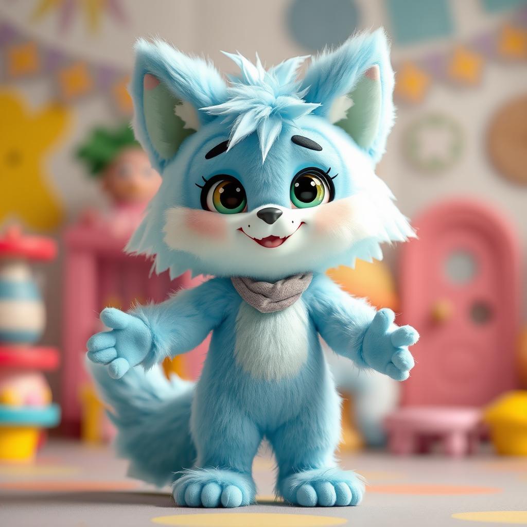 A furry character designed as a humanoid animal, with pastel blue fur covering a body that retains recognizable human anatomical features