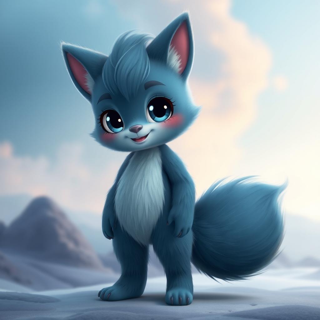 A humanoid character designed with the shape and features of a human but covered in dark pastel blue fur, resembling a furry creature while maintaining human proportions