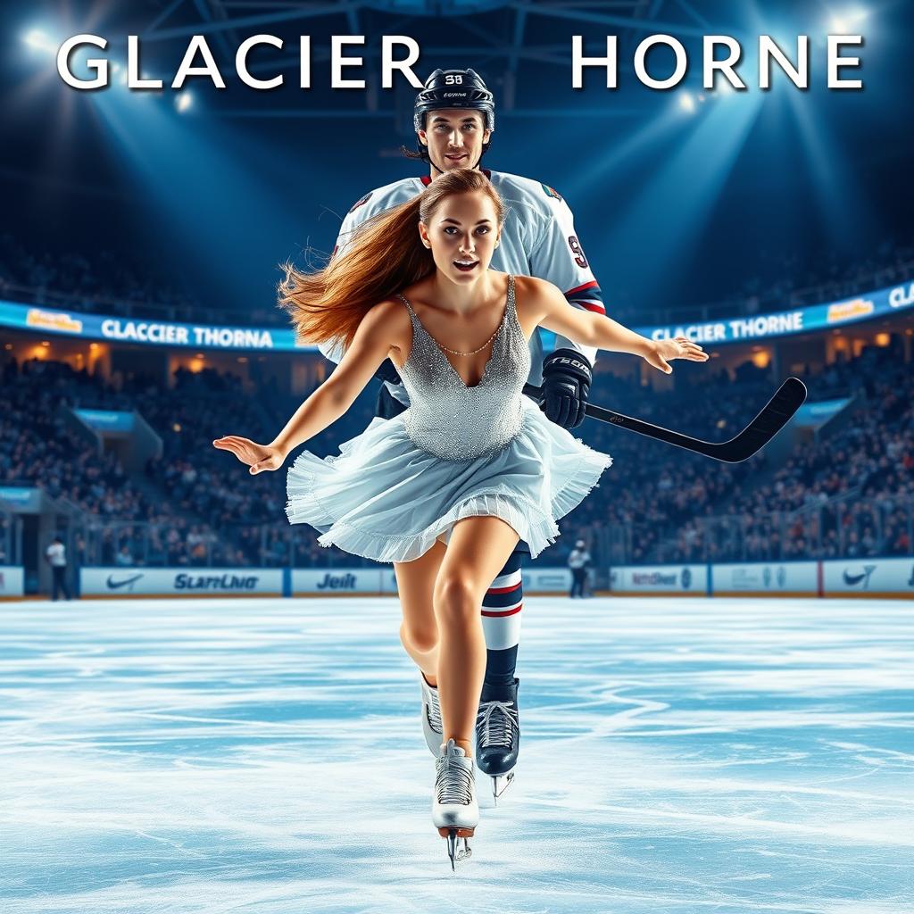 A dramatic book cover featuring a female figure skater in mid-motion, elegantly gliding across a pristine ice rink