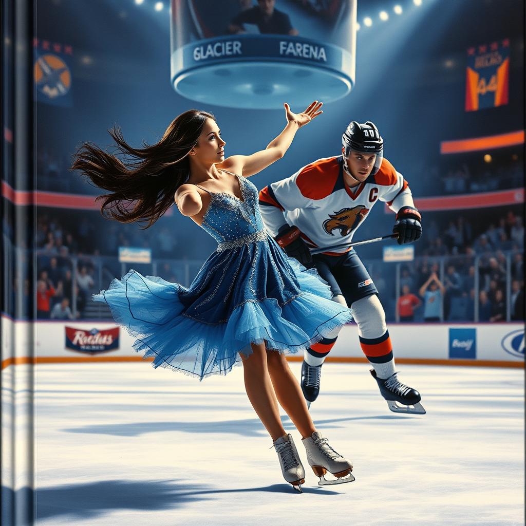 A captivating book cover featuring an elegant ice rink setting illuminated by soft, dramatic lighting