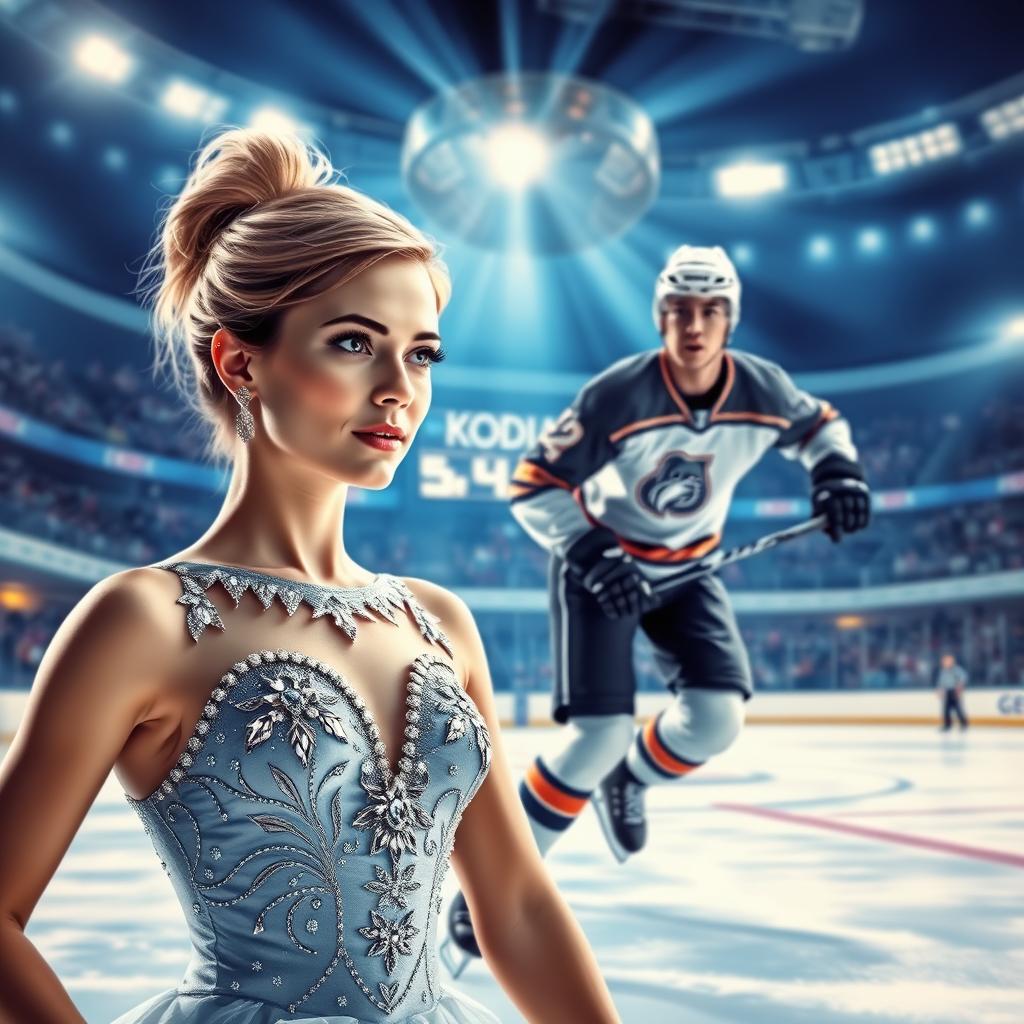 A dramatic and captivating book cover featuring an ice rink scene under bright arena lights