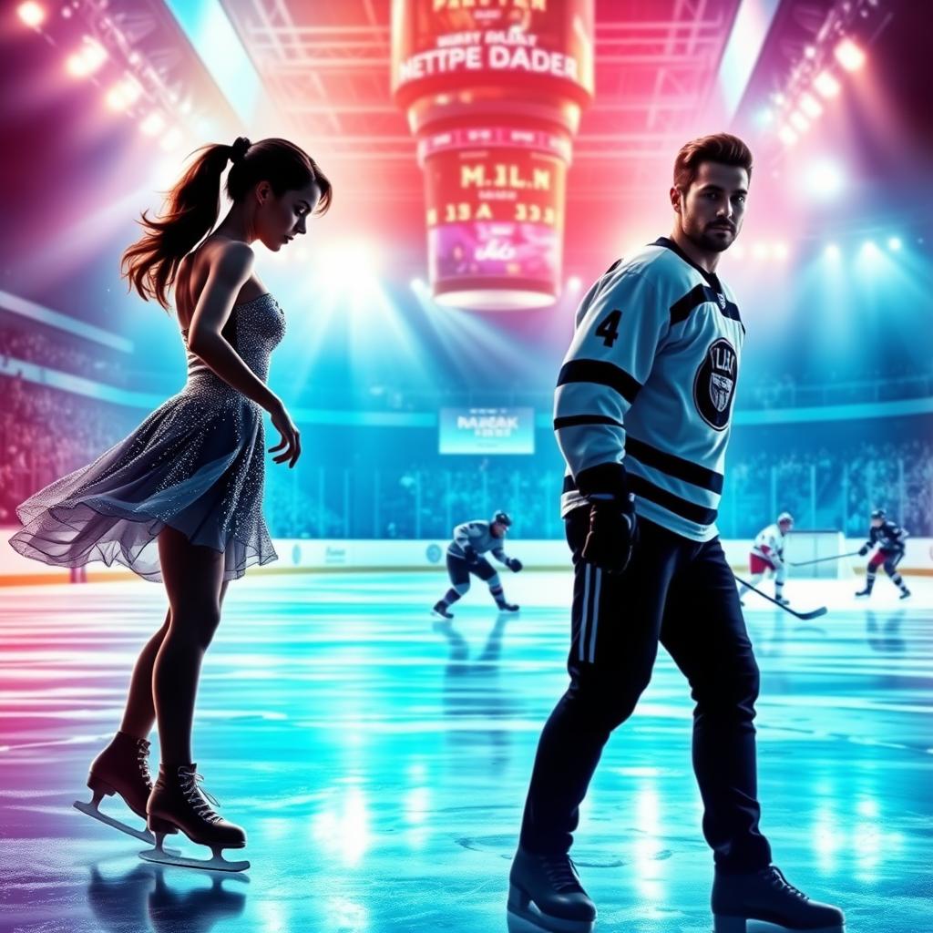 A visually striking book cover showcasing a dynamic ice arena, filled with bright, vibrant colors of the ice and rink