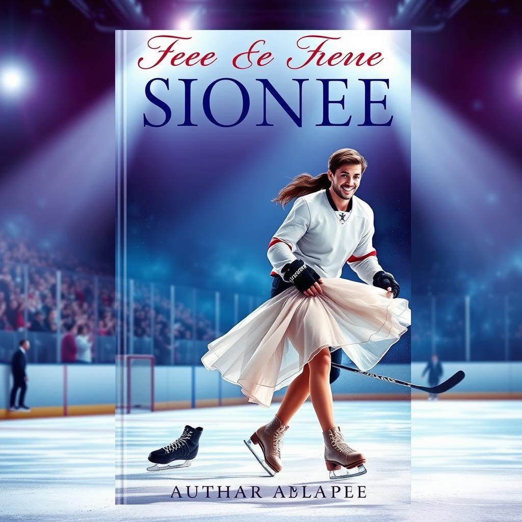 A captivating book cover featuring a romantic scene between an ice skater girl and an ice hockey player
