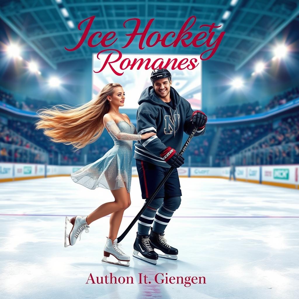 A stunning book cover for an ice hockey romance featuring an ice skater girl and an ice hockey player