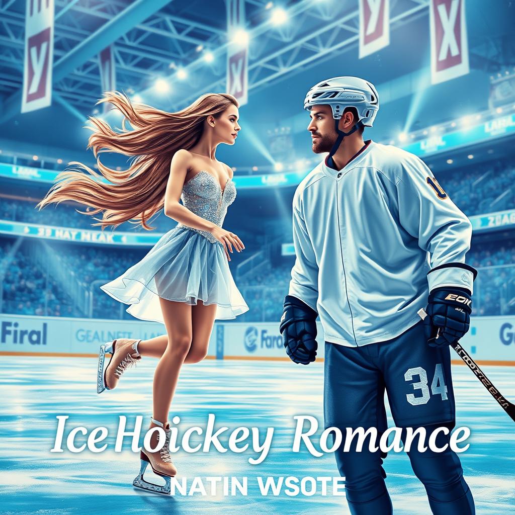 A captivating book cover for an ice hockey romance, featuring a dynamic scene where a girl, an elegant ice skater with long flowing hair in a sparkling outfit, gracefully skates on the ice, showcasing her athleticism and beauty