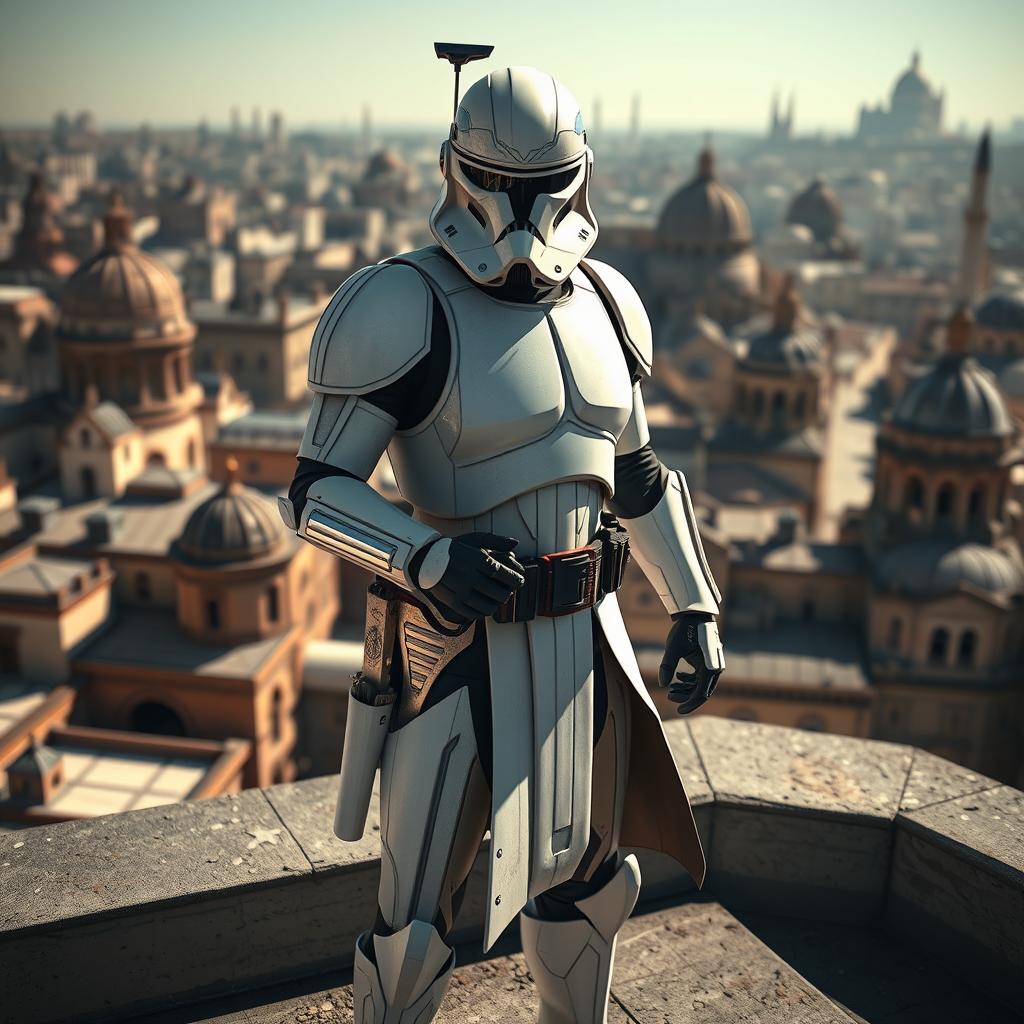 A clone trooper inspired by the Assassin's Creed universe, equipped with a sleek, high-tech armor that blends traditional Assassin elements like a hood and hidden blades with futuristic clone design