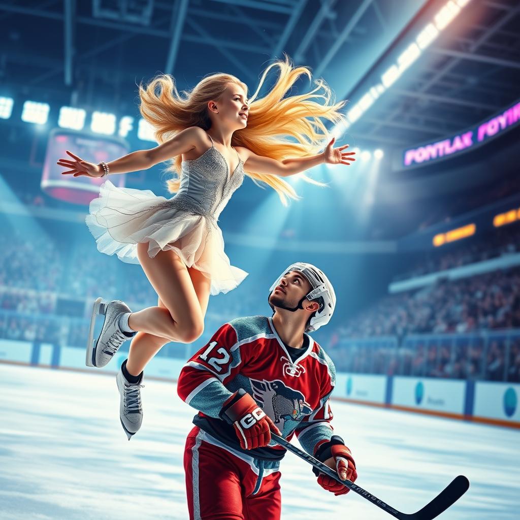 A stunning book cover for an ice hockey romance, showcasing an exhilarating moment on the ice
