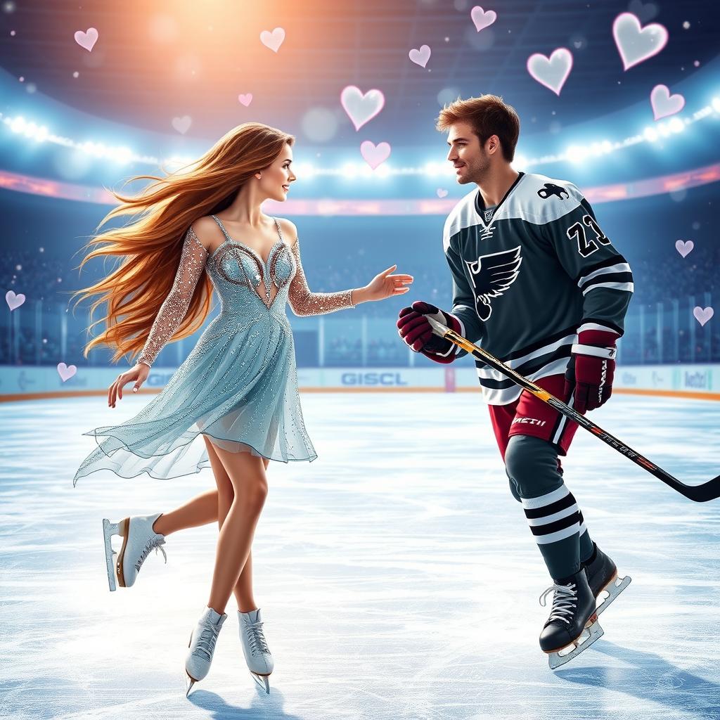 A dynamic and romantic book cover for an ice hockey romance, featuring a passionate ice skater girl with long flowing hair wearing a sparkling ice skating dress, gliding gracefully on ice