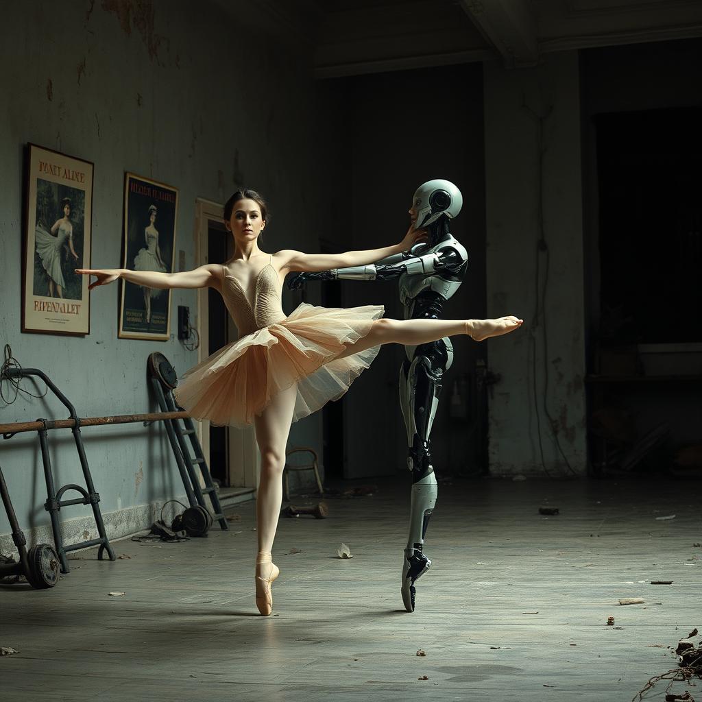 A vintage post-apocalyptic science fiction scene set in a dilapidated ballet studio