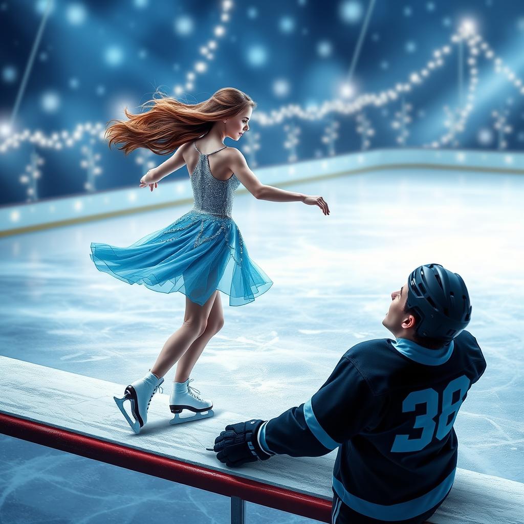 A stunning book cover depicting a romantic scene set on an ice rink featuring an ice skater and an ice hockey player