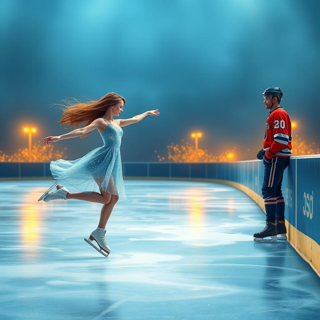 A romantic book cover featuring a beautiful ice rink scene with a female ice skater and a male ice hockey player